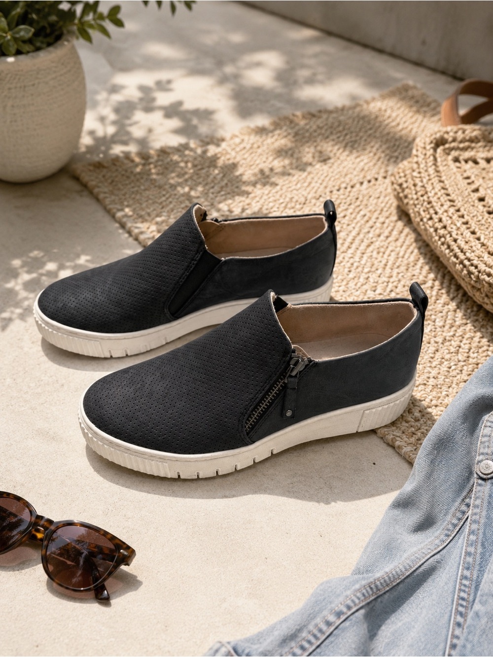 SOUL Naturalizer Black Perforated Slip-On Sneakers Side Zip Comfort Shoes